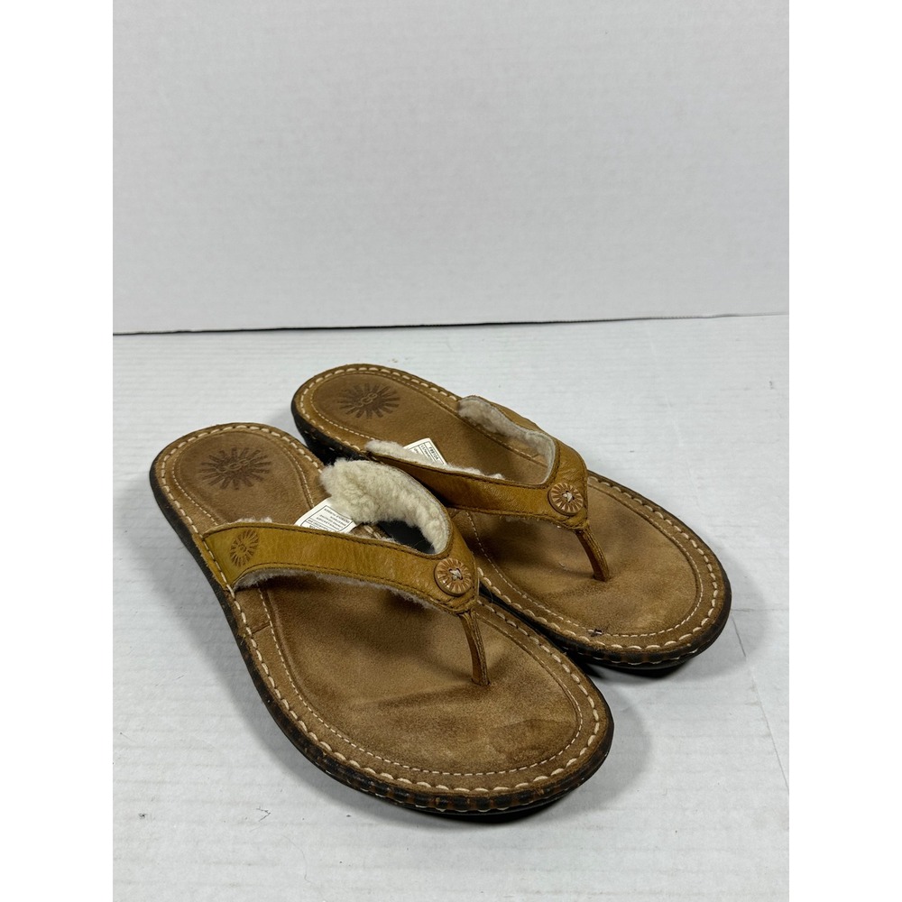 UGG Australia 1791 Leather Shearling Lined Thong Sandals Brown Mens 8 Womens 9.5